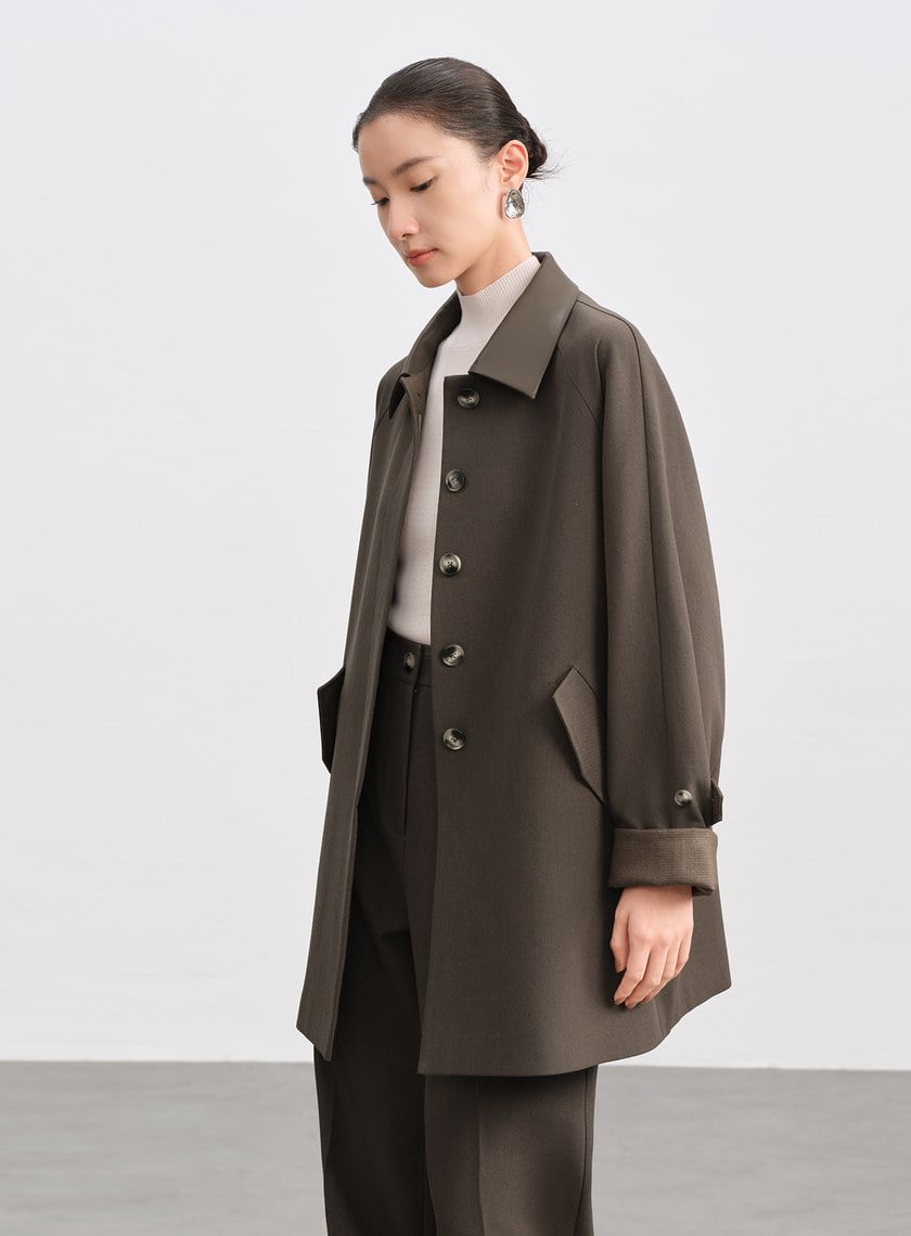 格紋拼接巴恩風中長版風衣