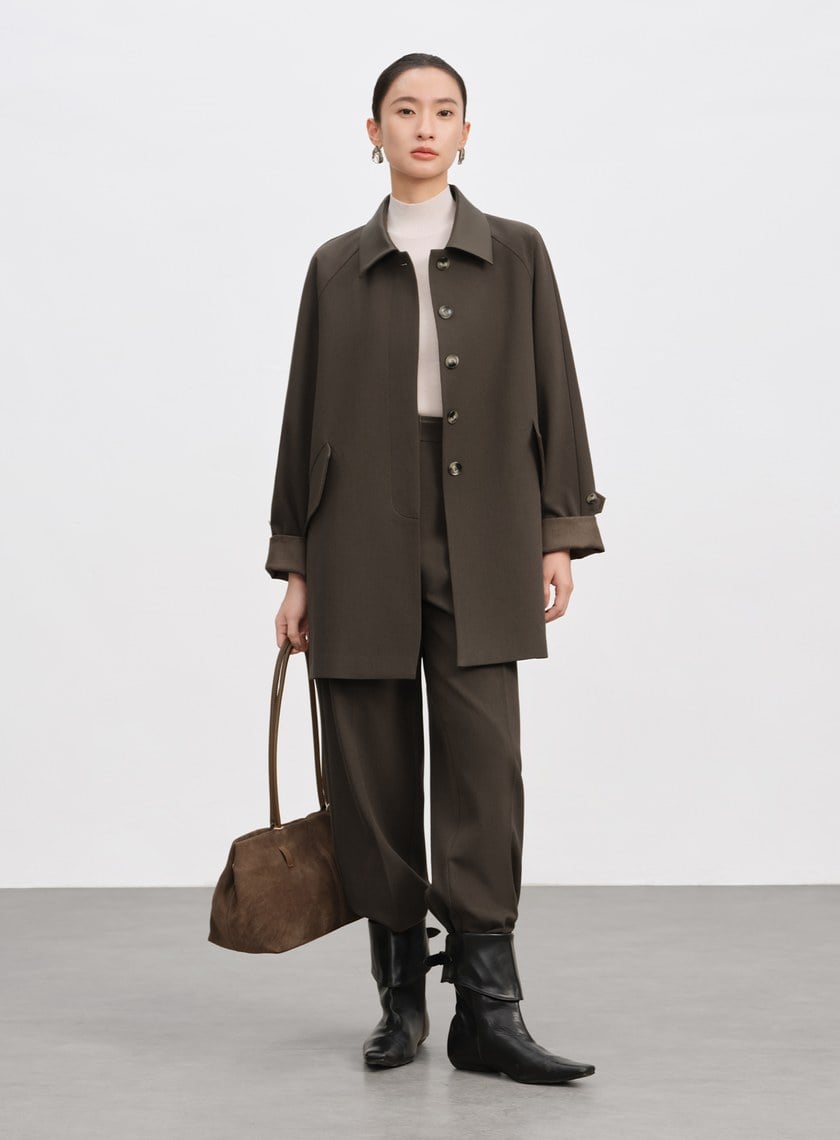 格紋拼接巴恩風中長版風衣