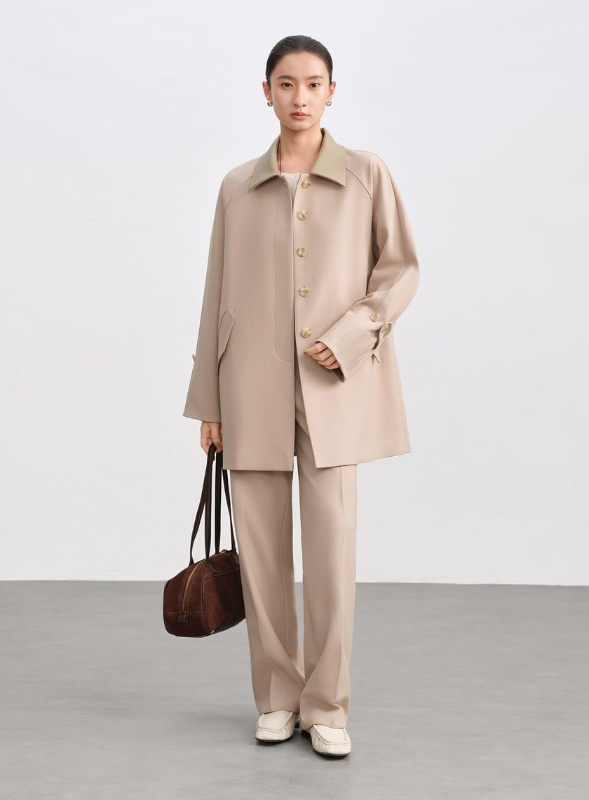 格紋拼接巴恩風中長版風衣