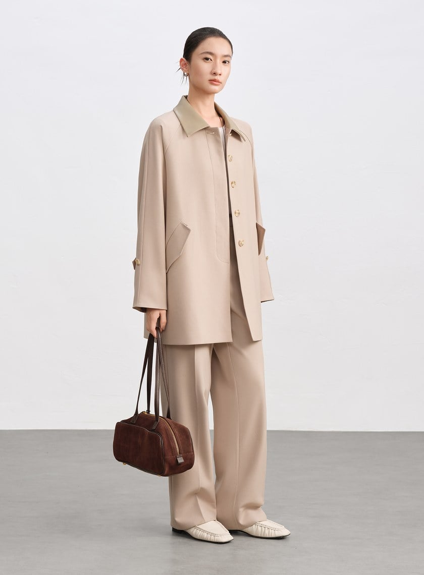 格紋拼接巴恩風中長版風衣