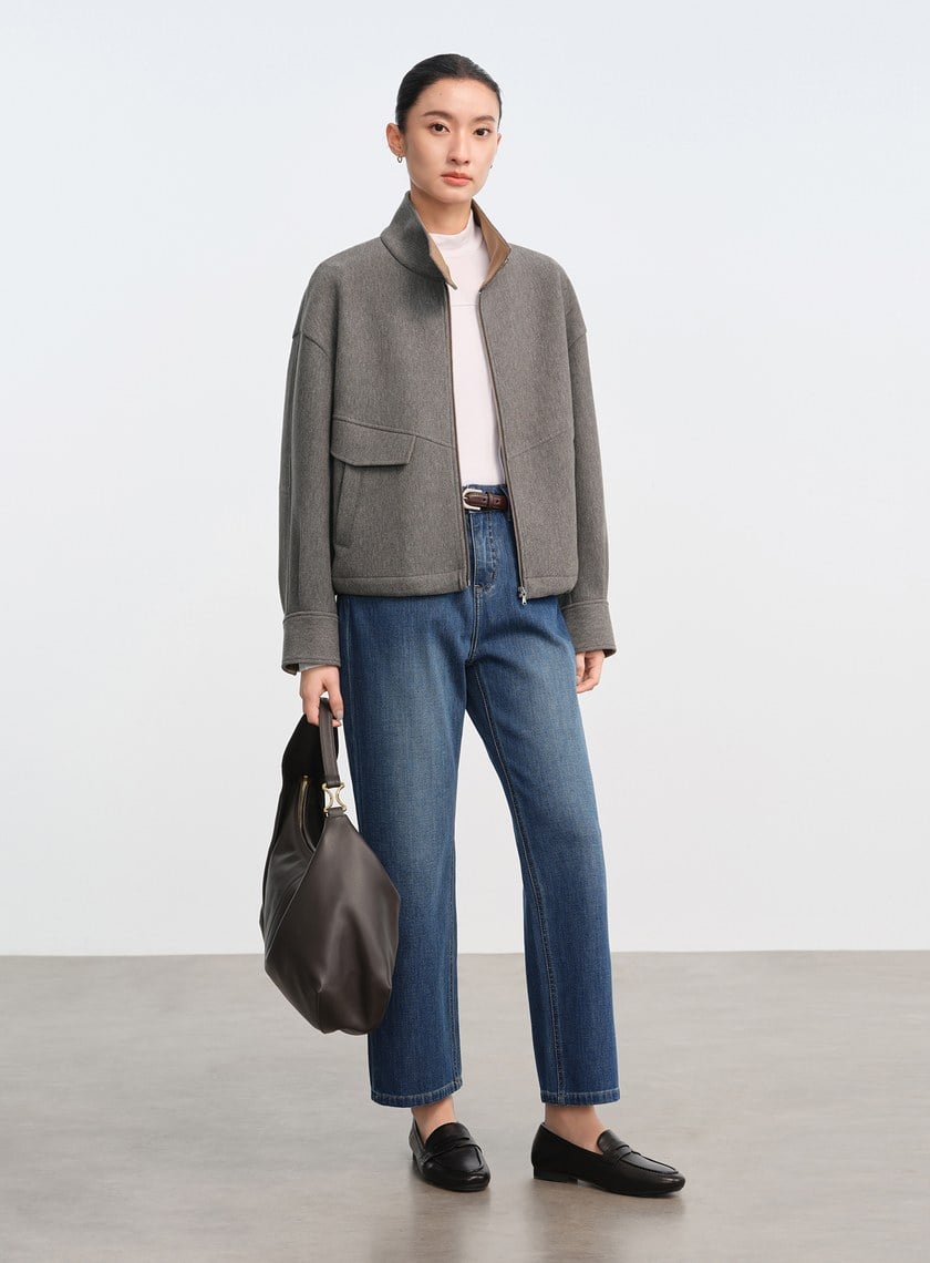 直紋立領休閒外套