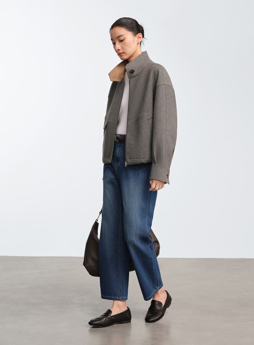 直紋立領休閒外套