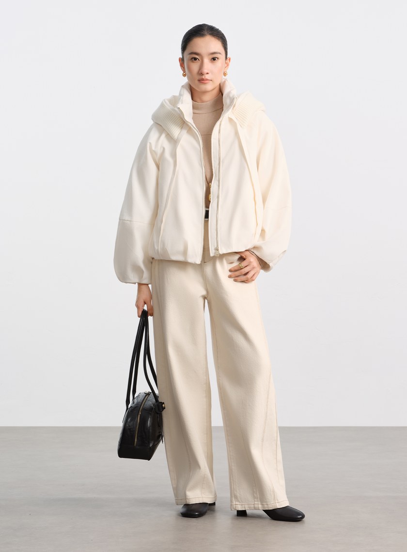 彎刀袖鵝絨連帽短外套