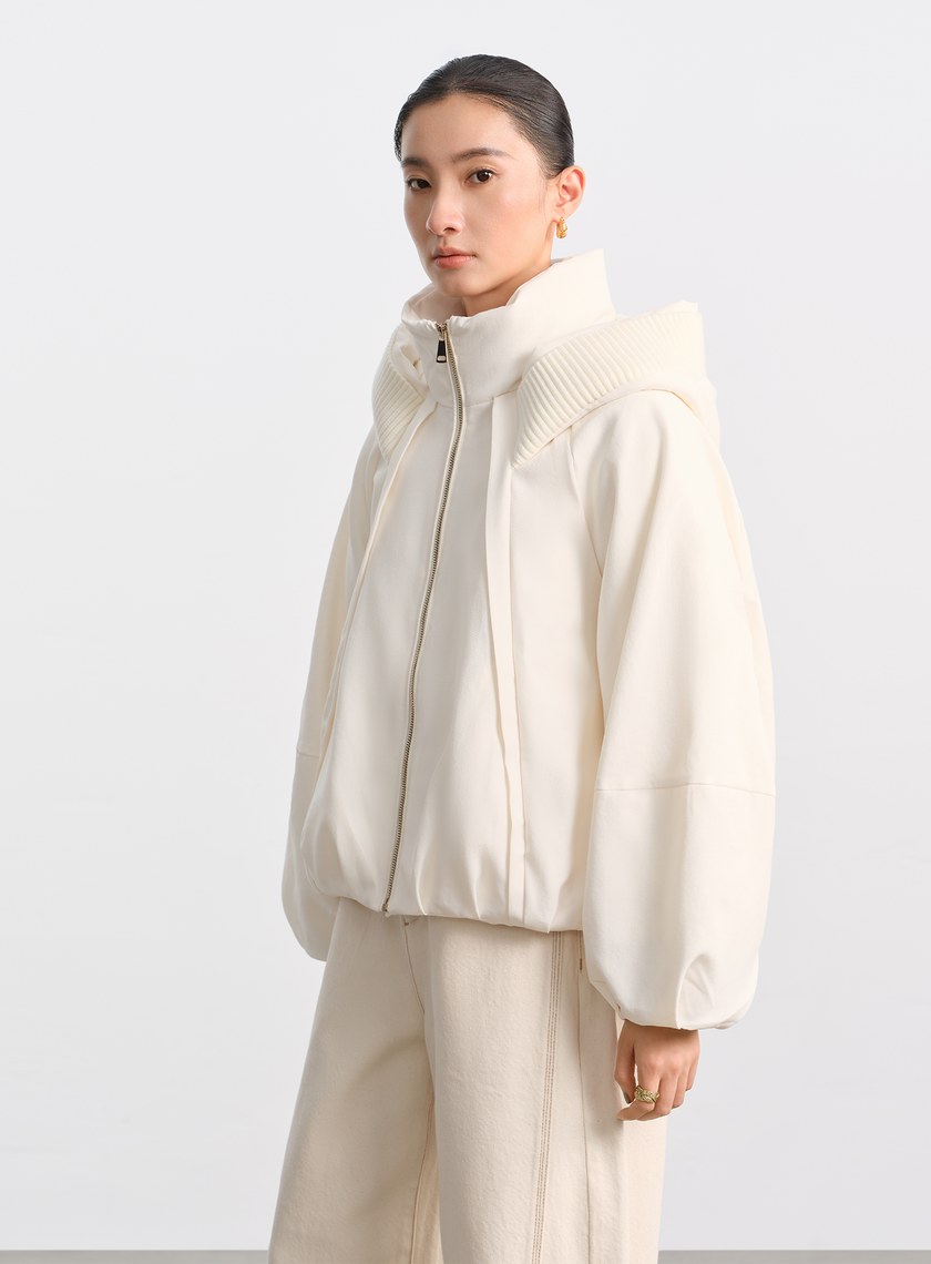 彎刀袖鵝絨連帽短外套