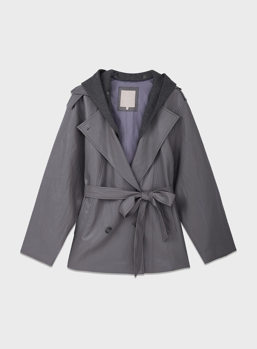 柔霧皮革拼接連帽外套