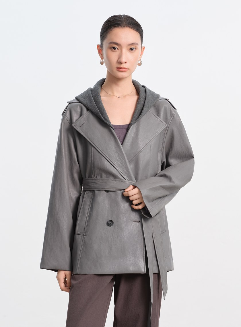 柔霧皮革拼接連帽外套