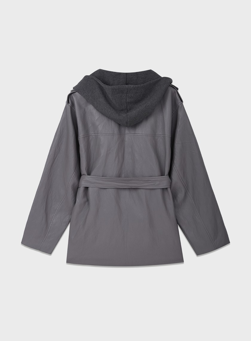 柔霧皮革拼接連帽外套