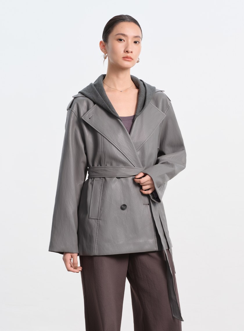 柔霧皮革拼接連帽外套