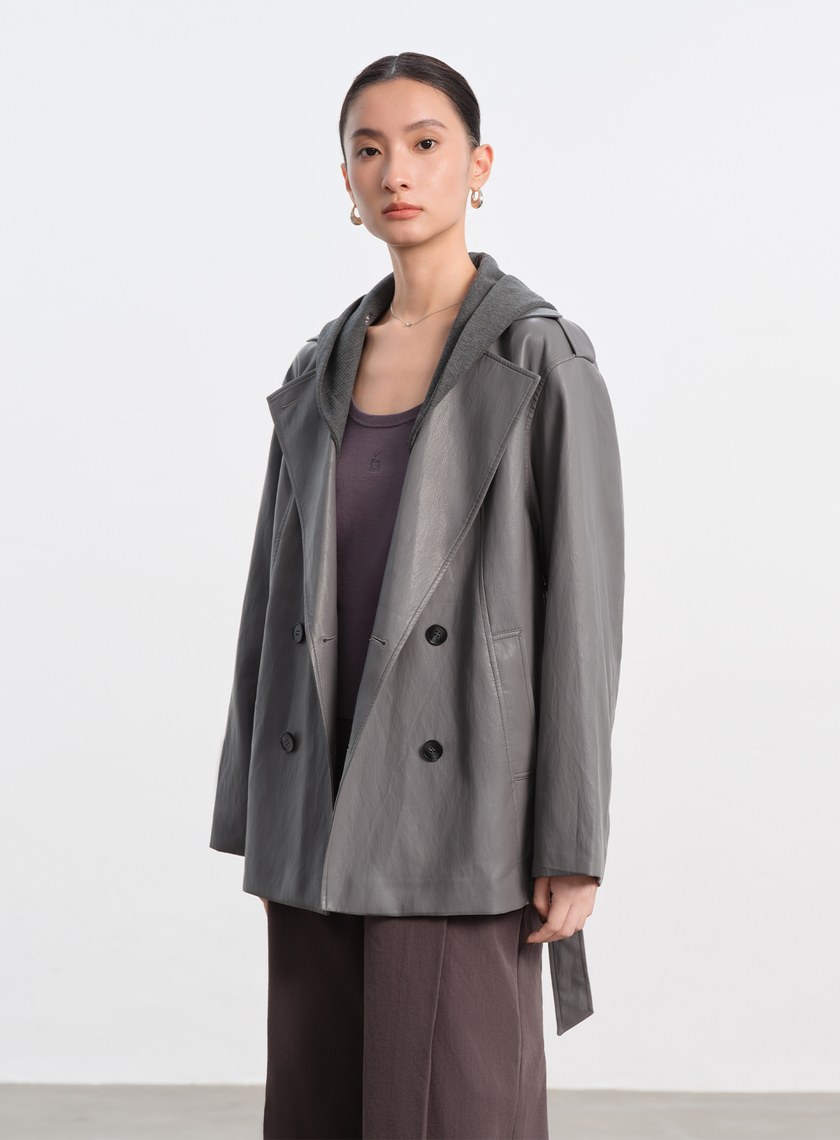 柔霧皮革拼接連帽外套