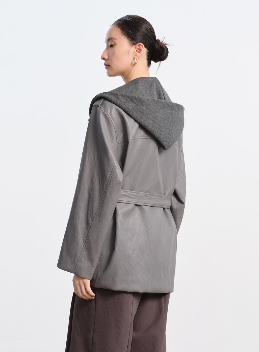 柔霧皮革拼接連帽外套