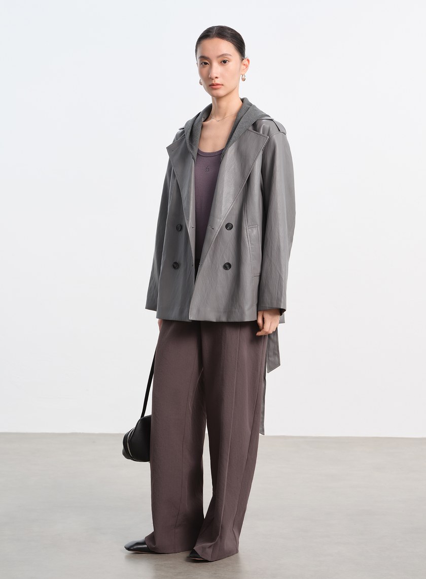 柔霧皮革拼接連帽外套