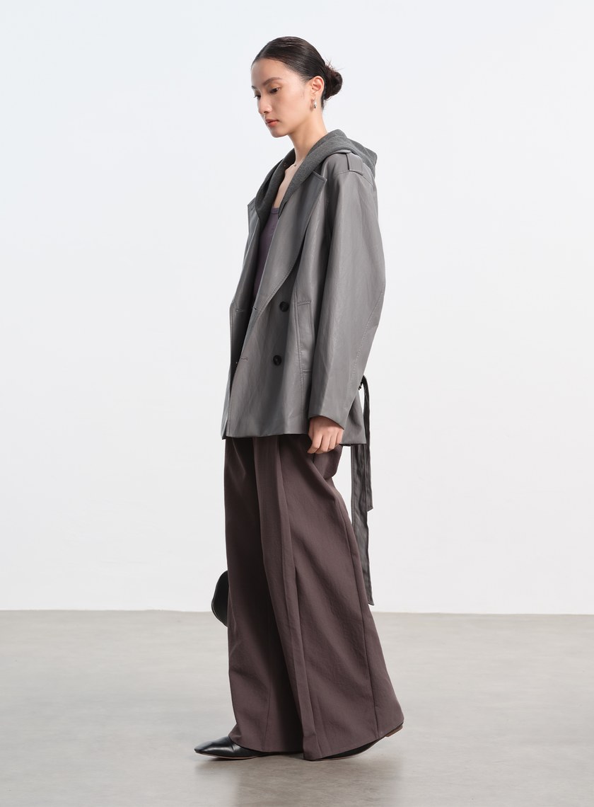 柔霧皮革拼接連帽外套