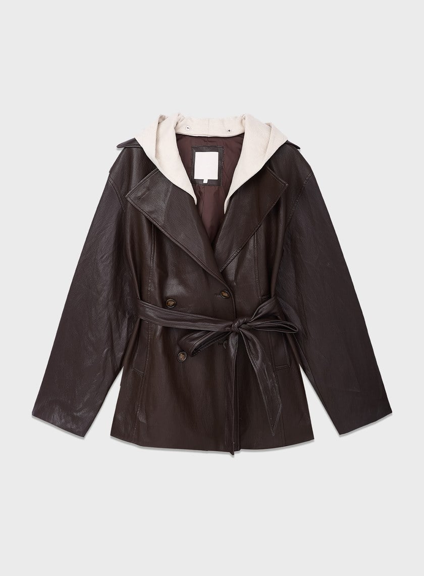 柔霧皮革拼接連帽外套