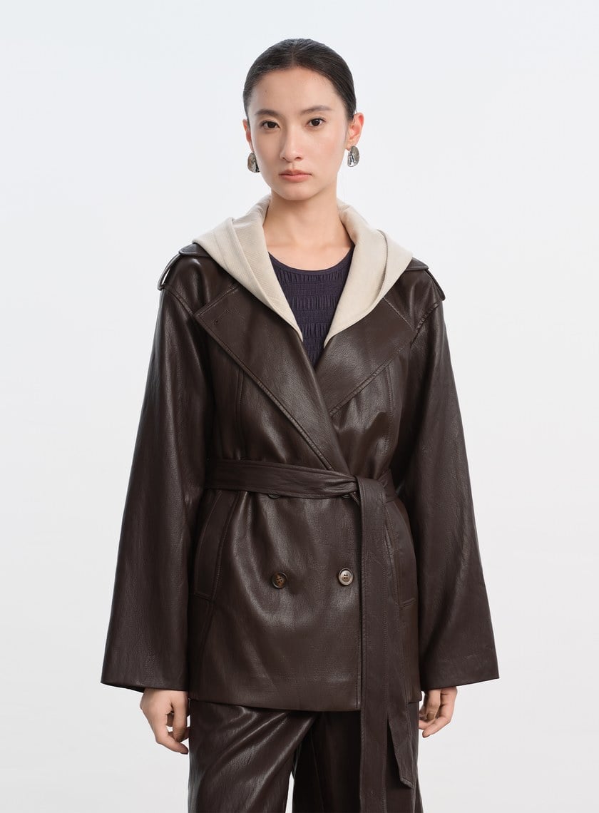 柔霧皮革拼接連帽外套
