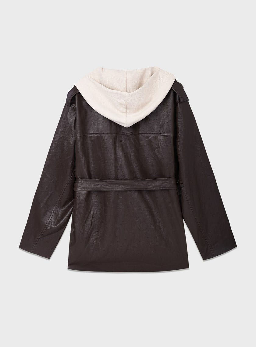 柔霧皮革拼接連帽外套