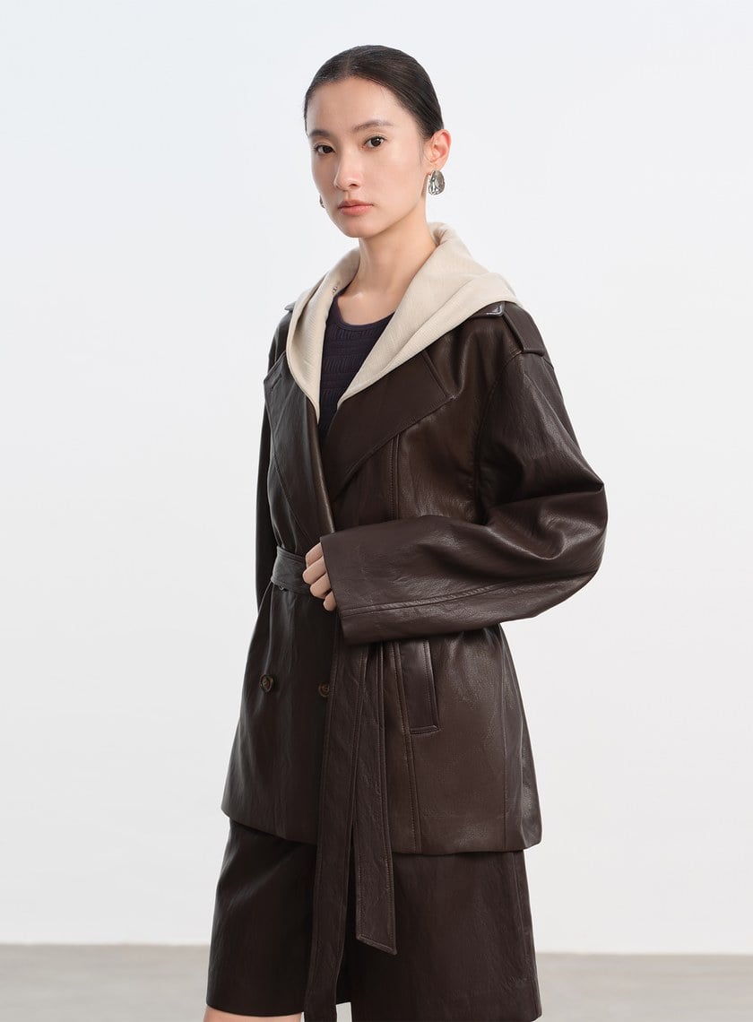 柔霧皮革拼接連帽外套