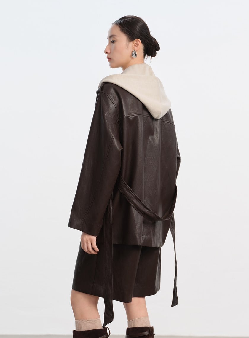 柔霧皮革拼接連帽外套