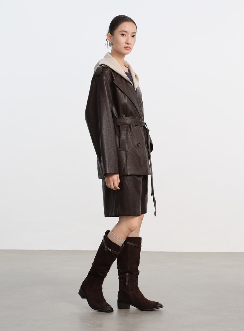 柔霧皮革拼接連帽外套