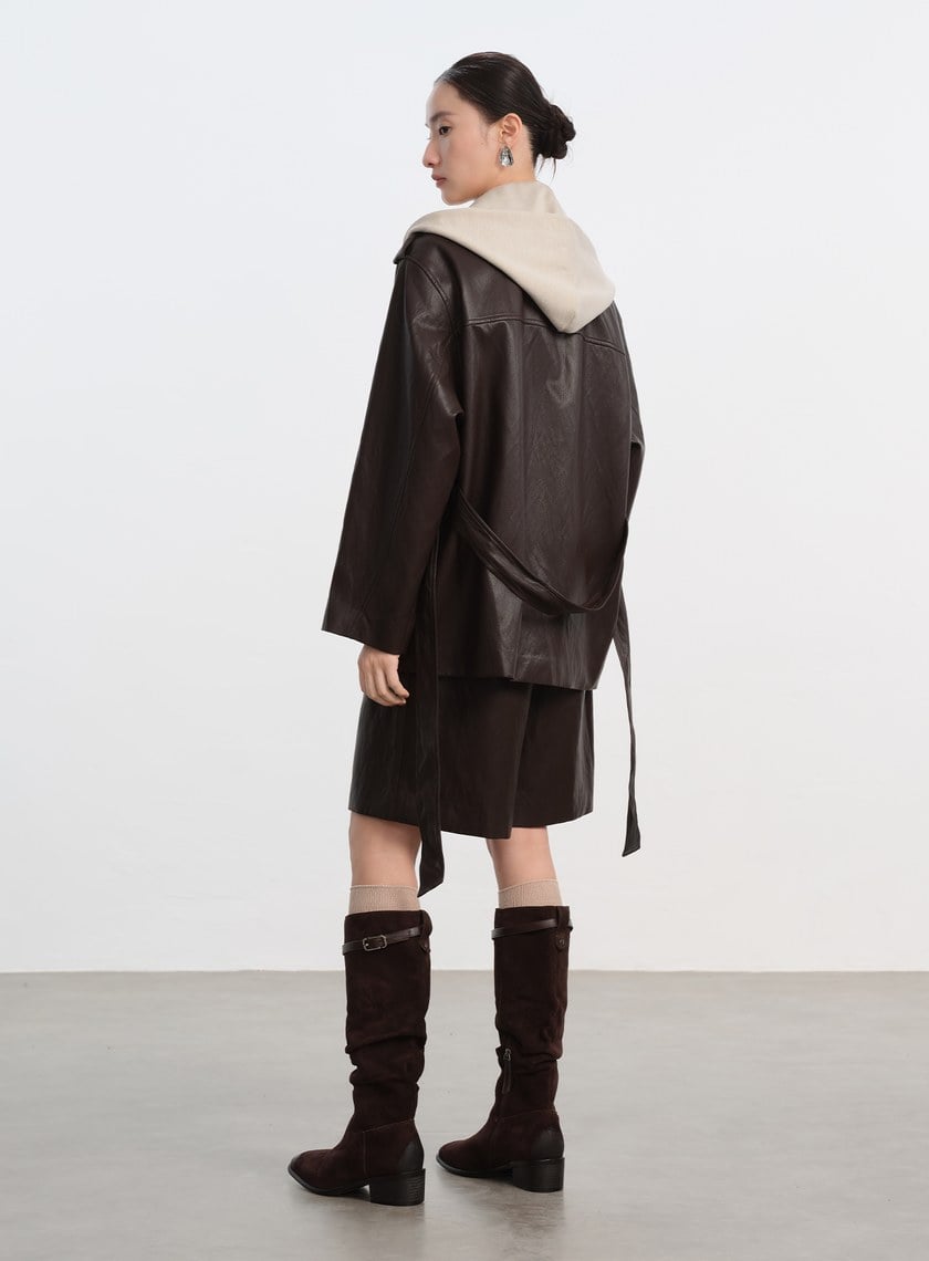 柔霧皮革拼接連帽外套