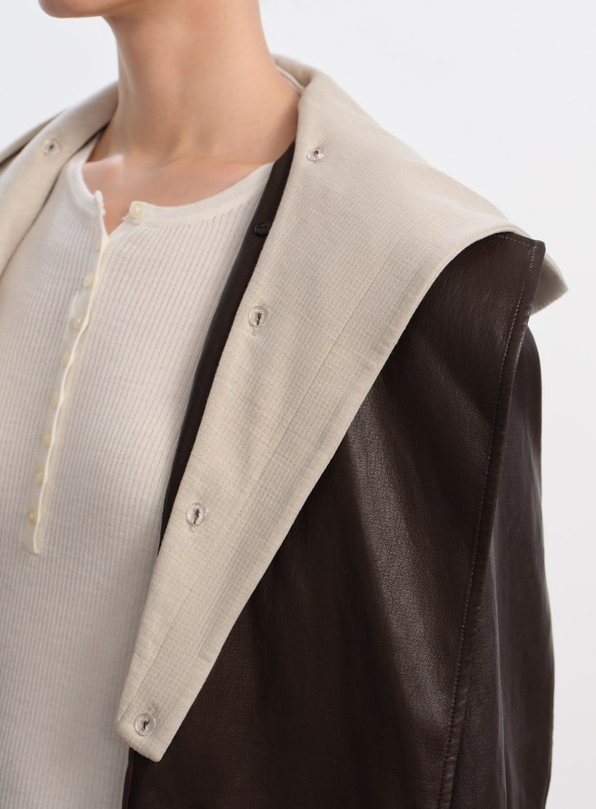 柔霧皮革拼接連帽外套