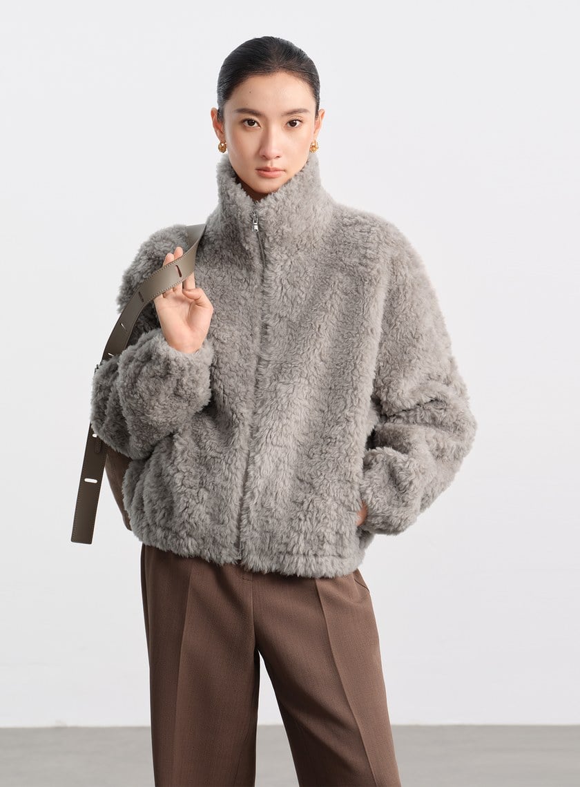 100%羊毛半高領皮草外套