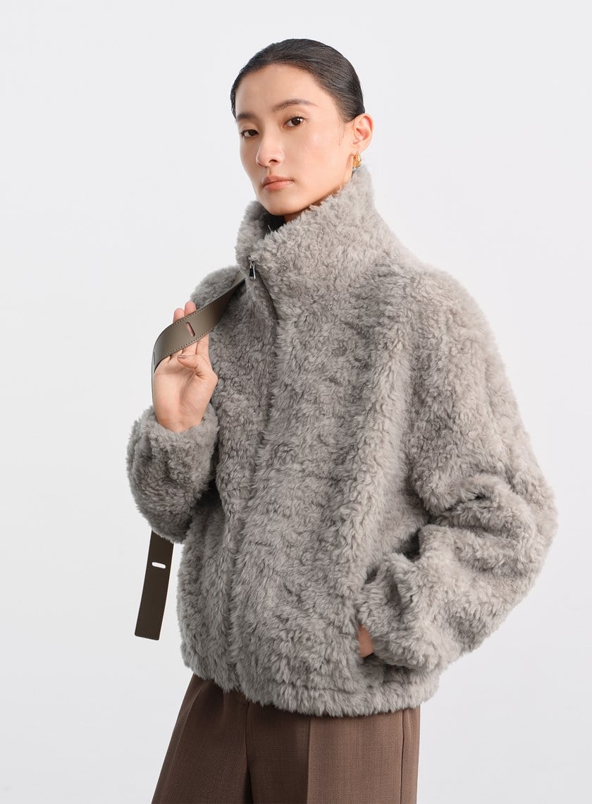 100%羊毛半高領皮草外套