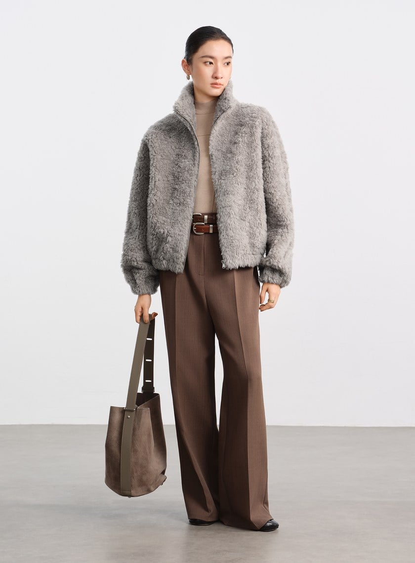 100%羊毛半高領皮草外套