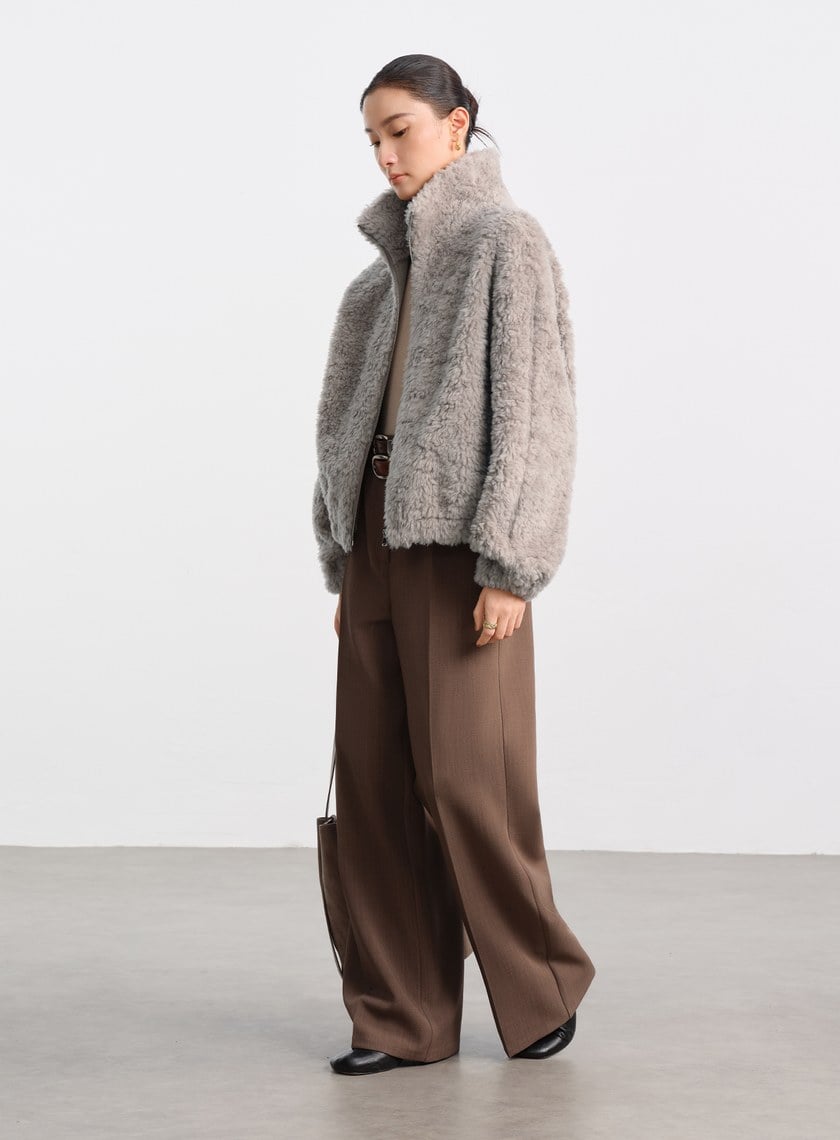 100%羊毛半高領皮草外套