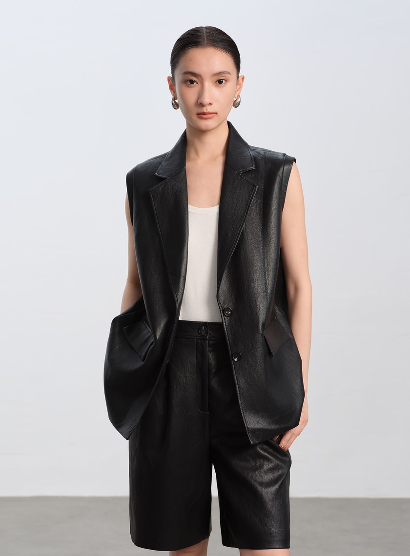 時髦寬版皮革馬甲
