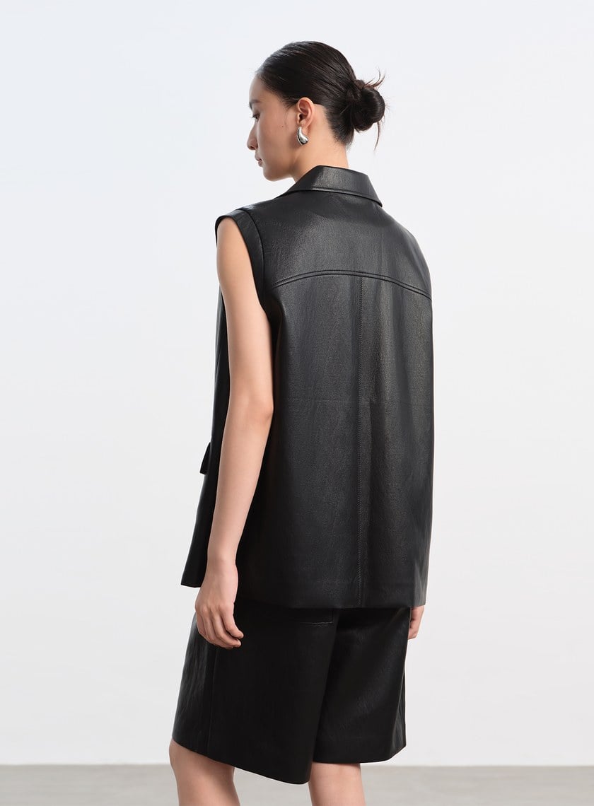 時髦寬版皮革馬甲