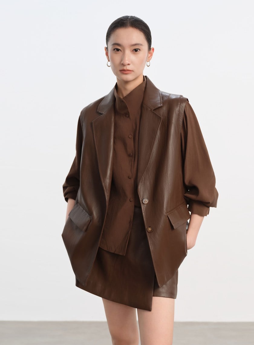 時髦寬版皮革馬甲