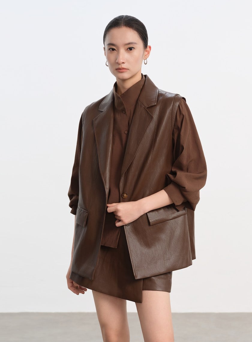 時髦寬版皮革馬甲