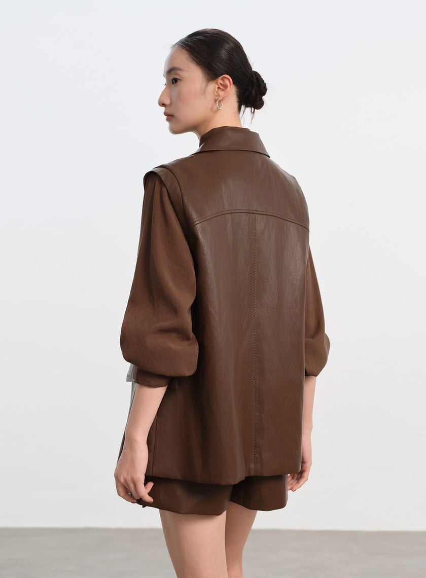 時髦寬版皮革馬甲