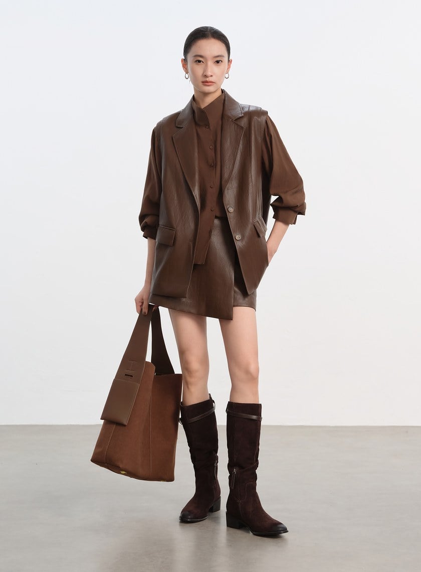 時髦寬版皮革馬甲