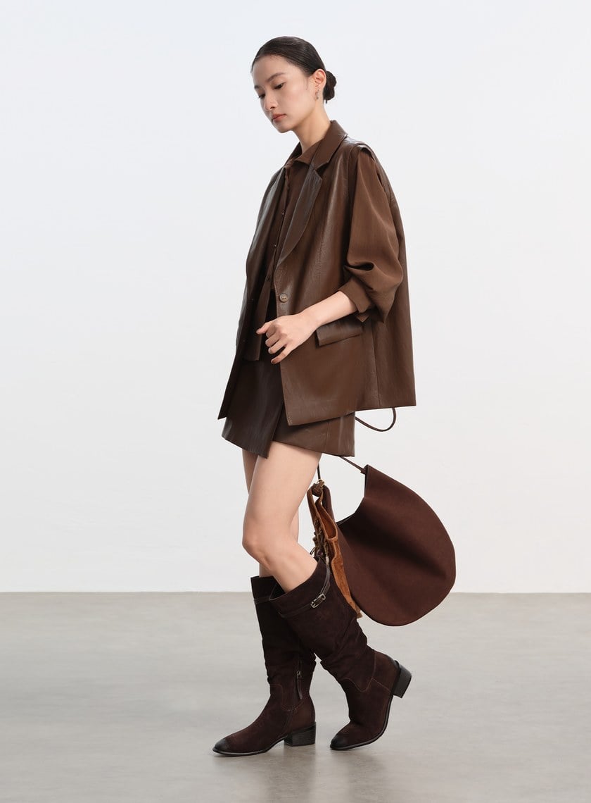 時髦寬版皮革馬甲