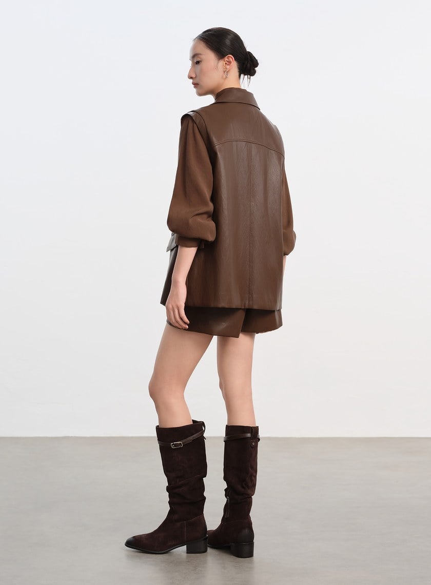 時髦寬版皮革馬甲