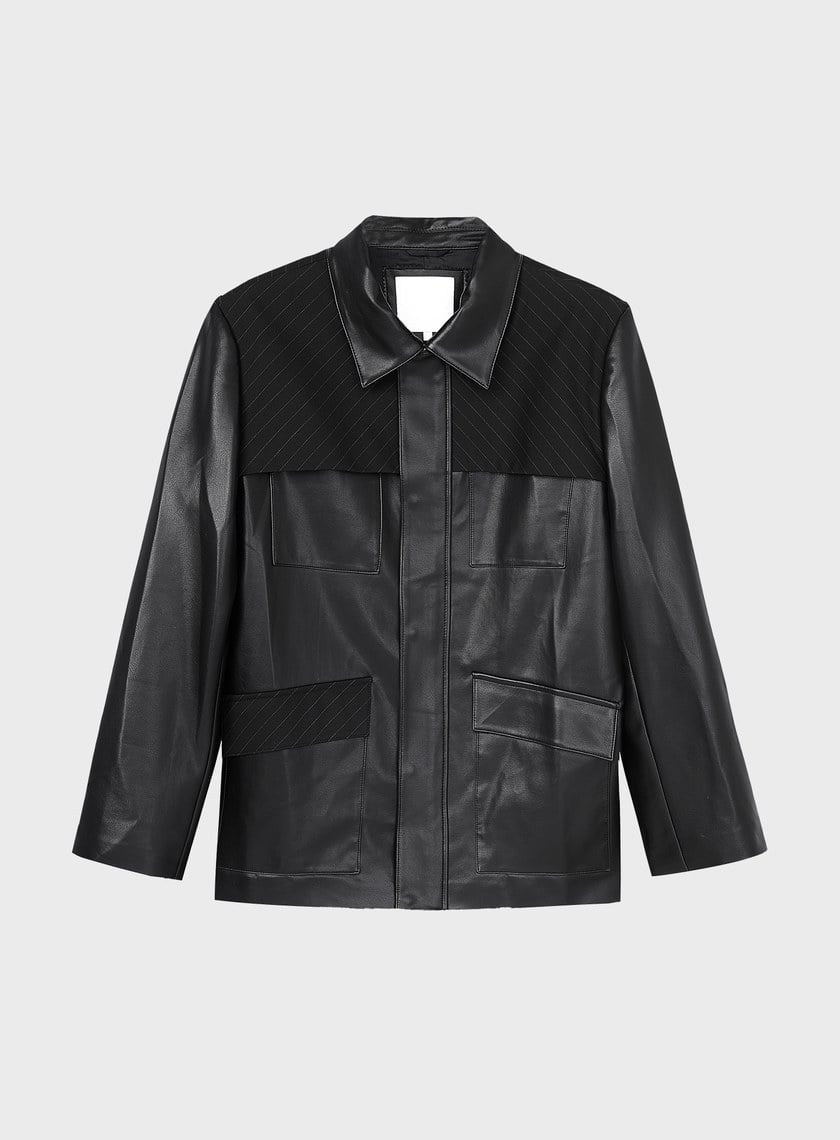 率性條紋皮革拼接寬版夾克