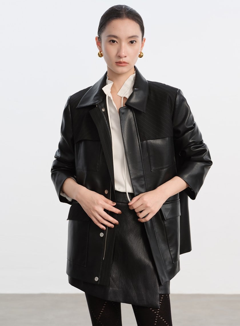 率性條紋皮革拼接寬版夾克