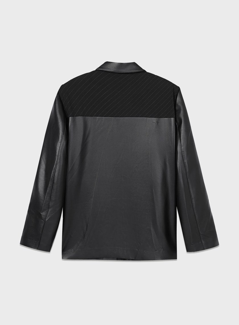 率性條紋皮革拼接寬版夾克