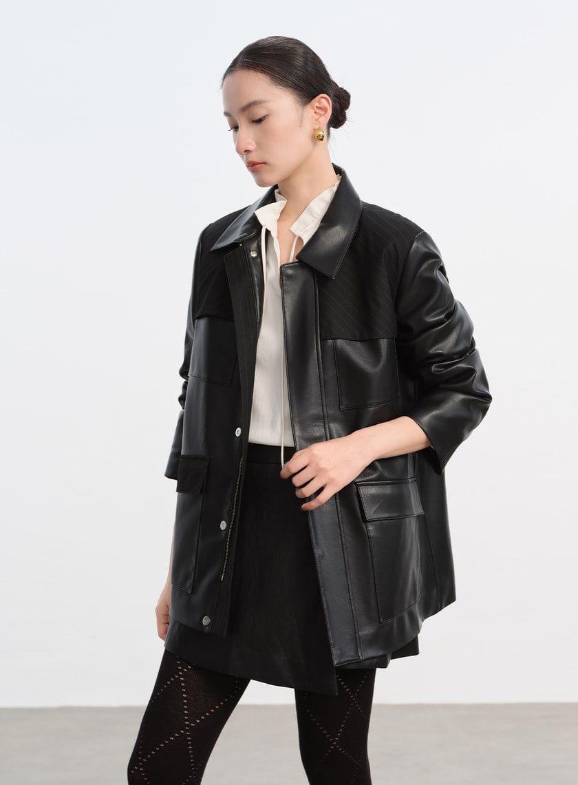 率性條紋皮革拼接寬版夾克