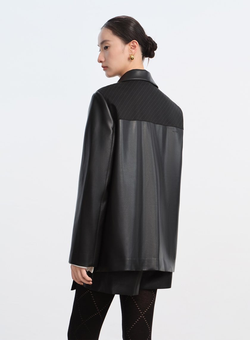 率性條紋皮革拼接寬版夾克
