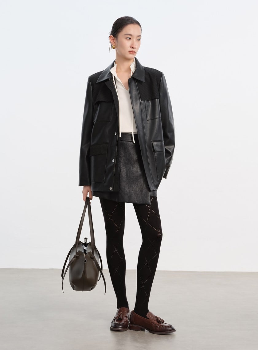 率性條紋皮革拼接寬版夾克