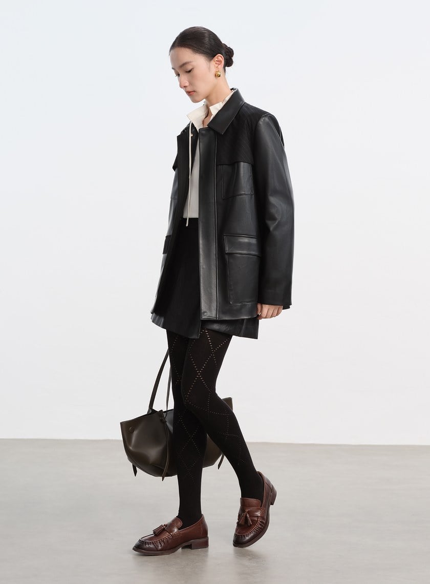 率性條紋皮革拼接寬版夾克