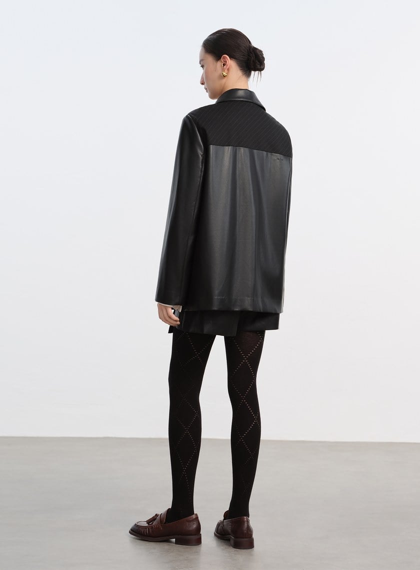 率性條紋皮革拼接寬版夾克