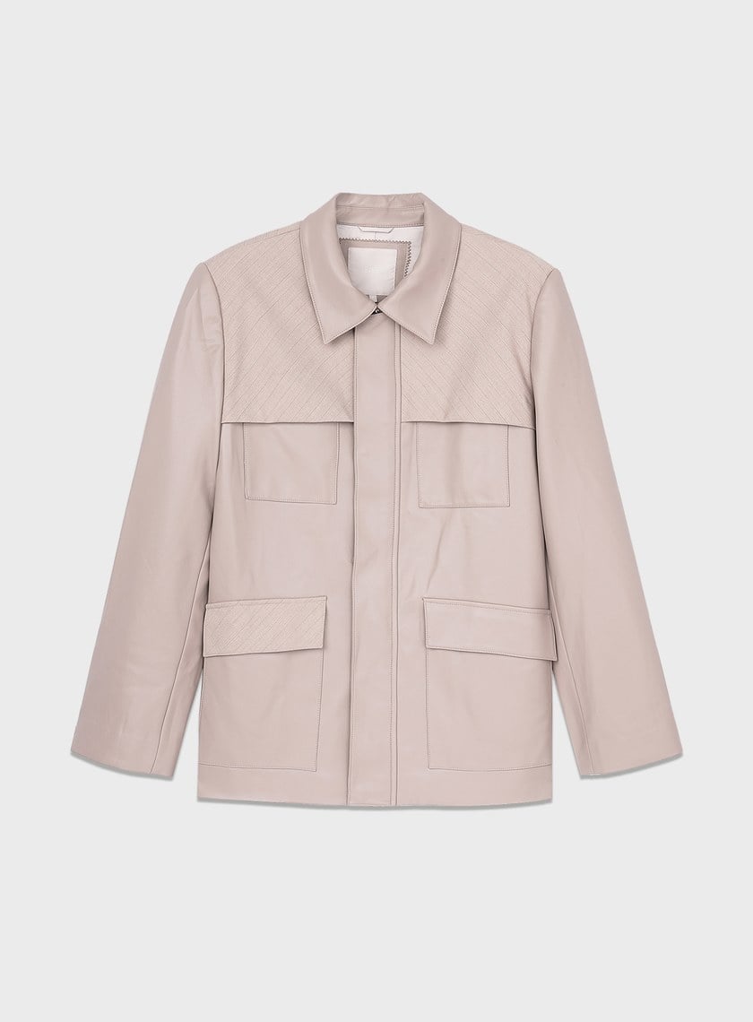 率性條紋皮革拼接寬版夾克