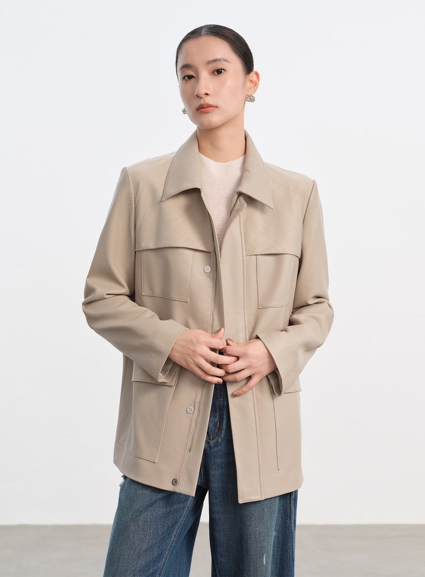 率性條紋皮革拼接寬版夾克