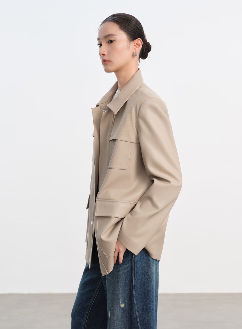 率性條紋皮革拼接寬版夾克