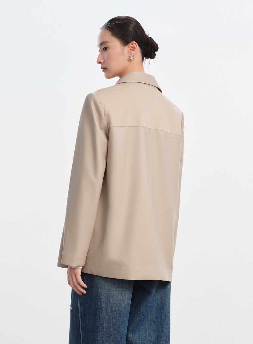 率性條紋皮革拼接寬版夾克