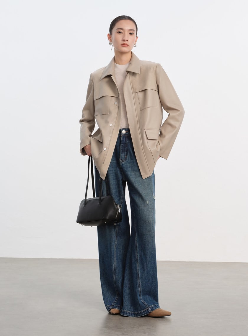 率性條紋皮革拼接寬版夾克