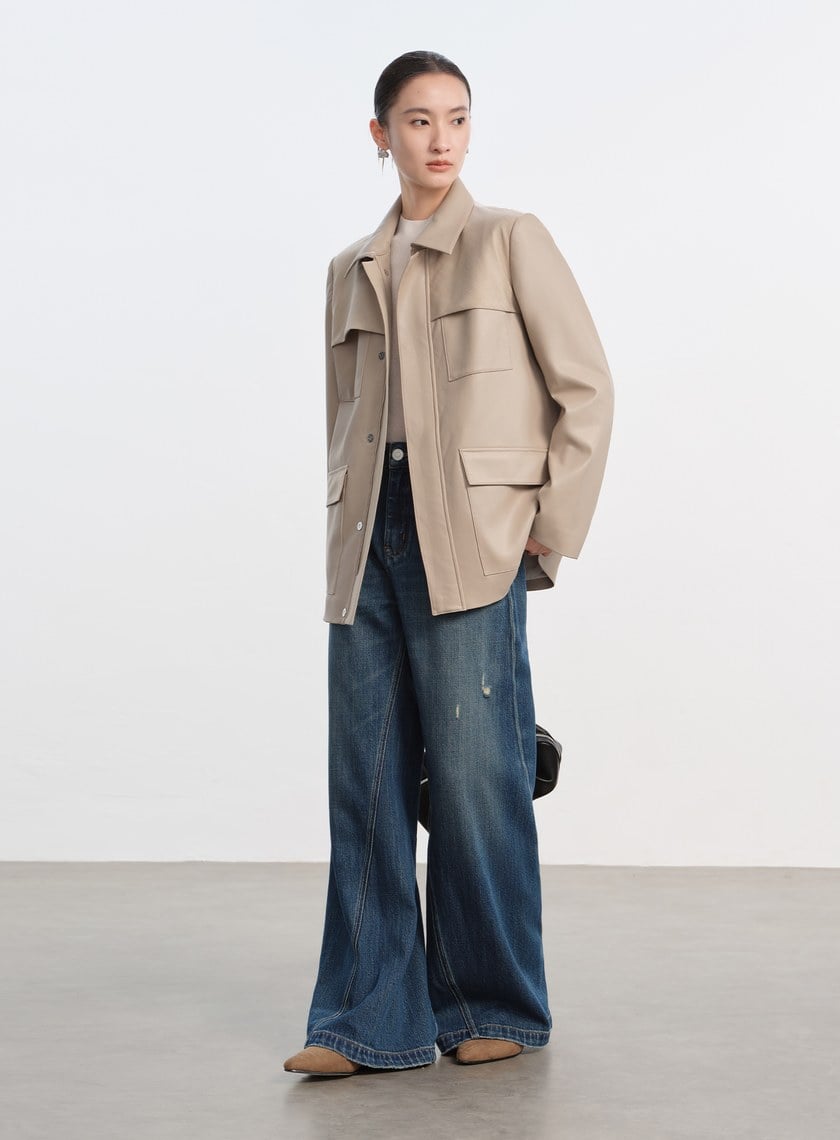 率性條紋皮革拼接寬版夾克